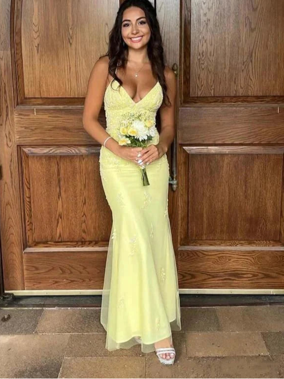 Romantic V-neck Spaghetti Strap Lace Appliques Evening Dress Prom Dress